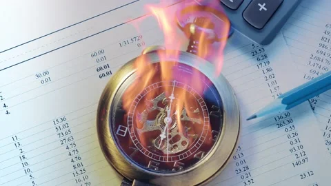 Burning pocket watch, operating budget, calculator and pencil Video stock 223319112