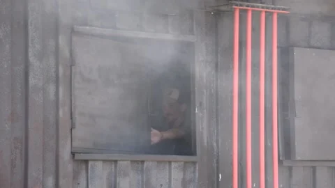 Burning pool for fire drill. Practice a fire drill outdoor 스톡 동영상 155865200