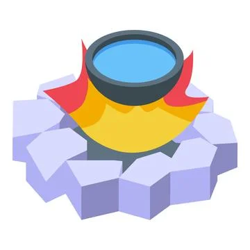 Burning pot melting ice surface with flames and water イラスト素材