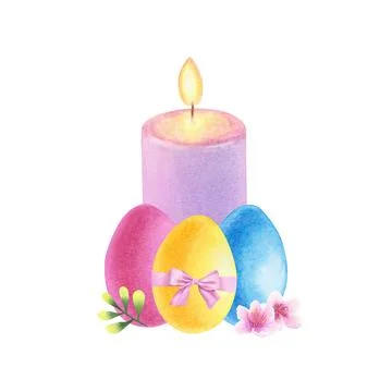 Burning purple candle with Easter eggs. Hand drawn watercolor illustration. Stock Illustration
