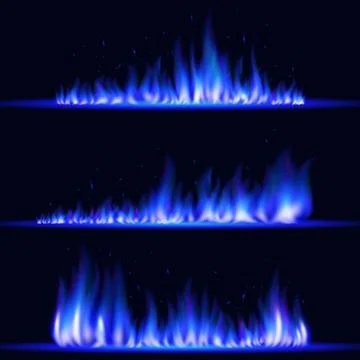 Burning realistic blue fire flames. Glowing particles. Light effect, campfire. Stock Illustration