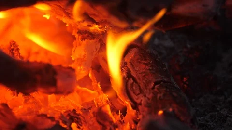 Burning red coals of the fire extinguish with a stream of water. Campfire Stock Footage 95573914