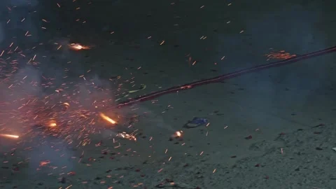 Burning Red fire crackers on the road at night time, tracking shot, 4k. Stock-Footage 303836805