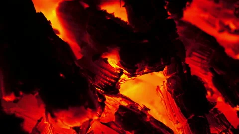 Burning red-hot coals close up. Bonfire red coals Stock Footage 147107609