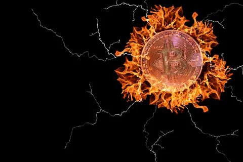 Burning red hot valueable bitcoin from crypto currency with many lightnings o Stock Photos