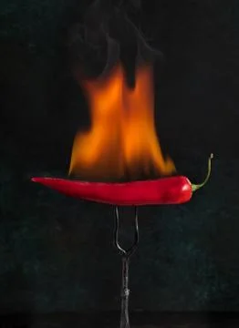Burning red pepper on fork Fotos de archivo