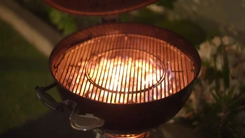 Burning round grill. View from above. Grill preparation. Stock Footage 247643749