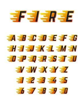Burning running letters with flame. Hot fire vector font alphabet for racing car Stock Illustration