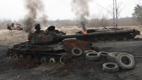 Burning Russian tank Stock Footage 238819792
