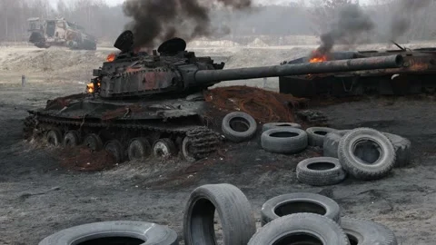 Burning Russian tank Stock Footage 238819876
