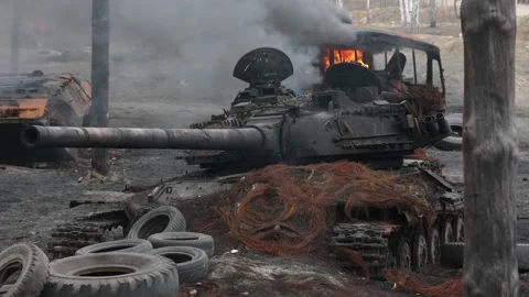 Burning Russian tank Stock Footage 238819970