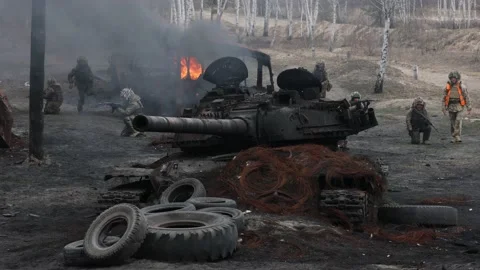 Burning Russian tank Stock-Footage 238819997