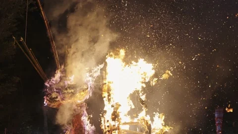 Burning Sagicho Matsuri Float in the night at Omihachiman city, Japan Stock Footage 176360828