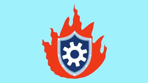 Burning security icon, Defense shield with gear in flames 2d with alpha matte Stock Footage 336039549