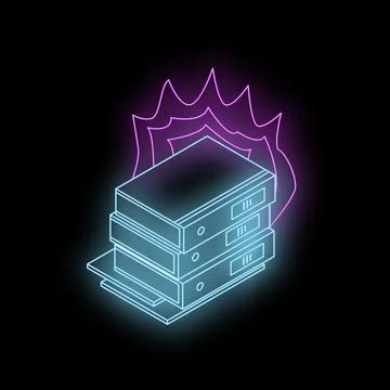 Burning servers losing data on fire in neon style Stockillustratie