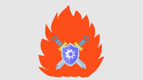 Burning shield and sword in cartoon animation. Battle in flames icon. Stock Footage 304998129