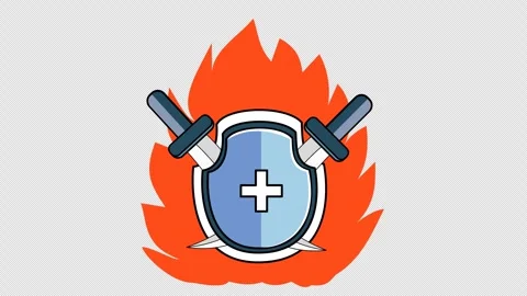 Burning shield and sword in cartoon animation. Battle in flames icon. Stock Footage 304998414