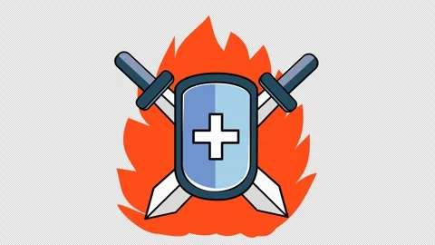 Burning shield and sword in cartoon animation. Battle in flames icon. Stock Footage 304998739