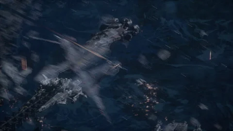 Burning Ship Falling Apart During Pursuit Sequence Stock Footage 309201326