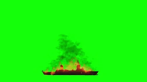 Burning ship with flames and thick smoke rising on green screen background Stock Footage 313547856