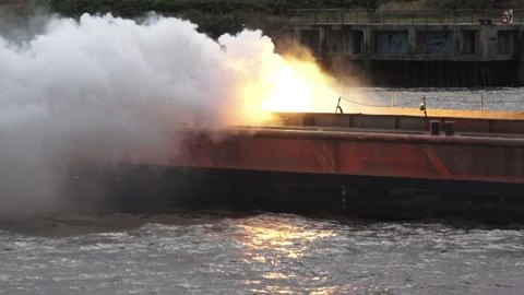 Burning Ship On River Stock Footage 213892754
