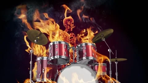 Burning skeleton drumming. Slow motion fire explosions and smoke. Stock Footage 208092207