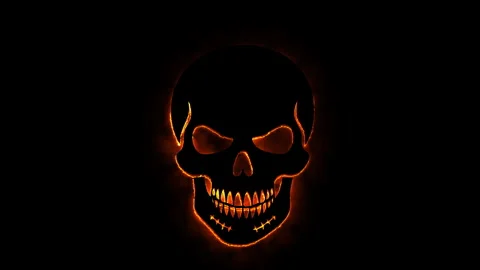 Burning skull animation featuring fiery orange light outlines against dark .. Stock Footage 339073071