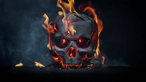 Burning skull at black background. Slow motion fire flames and smoke. Stock Footage 208092212