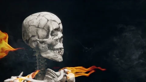 Burning skull on a black background. Slow motion fire flames, smoke and sparks. Stock Footage 233359836