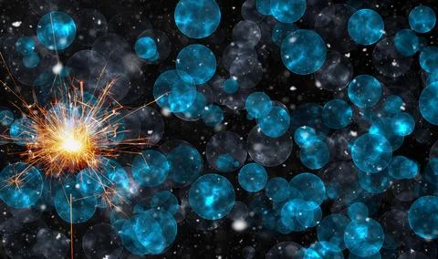 Burning sparkler on abstract snowy background. New Year celebration. 3d illus Stock Illustration