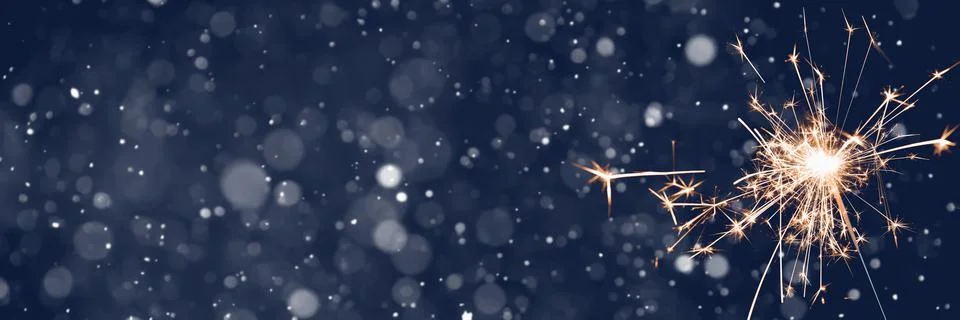 Burning sparkler on abstract snowy background. New Year celebration. 3d illus Stock Illustration