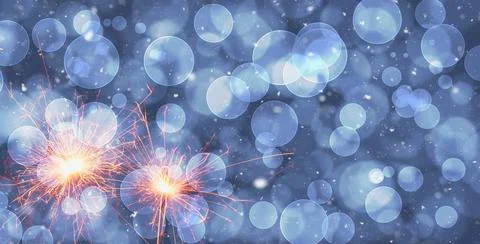 Burning sparklers on abstract snowy background. New Year celebration. 3d illu Illustrazione stock
