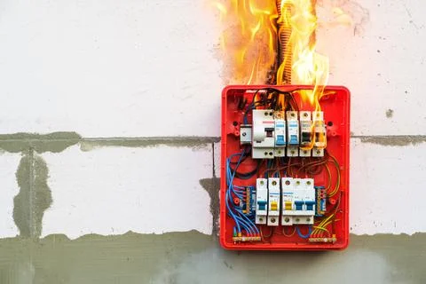 Burning switchboard from overload or short circuit on wall Stock Photos