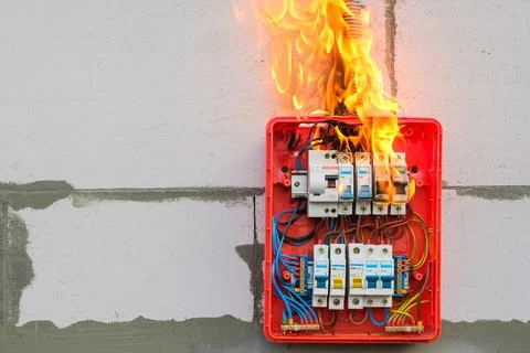 Burning switchboard from overload or short circuit on wall closeup Stock Photos