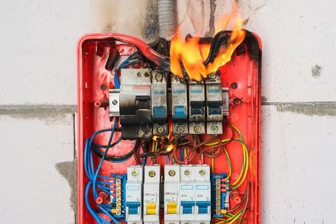Burning switchboard from overload or short circuit on wall closeup Stock Photos