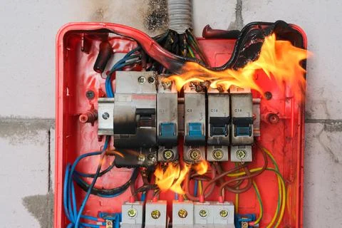 Burning switchboard from overload or short circuit on wall closeup Stock Photos