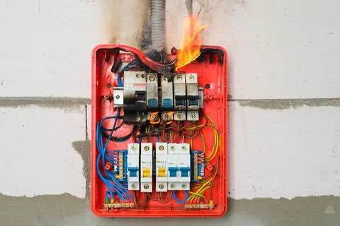 Burning switchboard from overload or short circuit on wall closeup Stock Photos