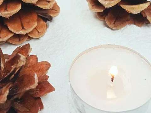 Burning Tea Light Candle with Pine Cones on Snow Background Stock Photos