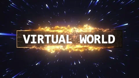 Burning text animation with virtual world title effect against a fast moving Video stock 347345477
