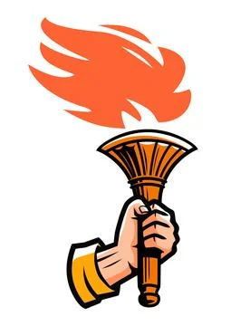 Burning torch with fire in hand. Lighting flame, light emblem. Sports mascot Stock Illustration