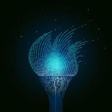 Burning torch in the form of blue printed circuit boards and binary code Stock Illustration