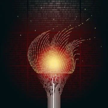 Burning torch in the form of copper printed circuit boards and binary code 스톡 일러스트