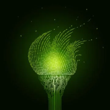 Burning torch in the form of green printed circuit boards and binary code 스톡 일러스트