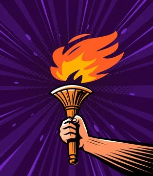 Burning torch in hand. Explorer illuminated path with light of fire in dark. Pop Stock Illustration