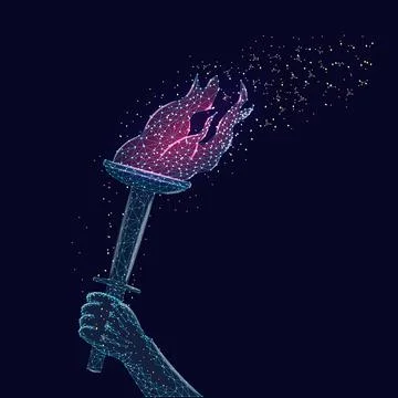 Burning torch in hand in wireframe polygonal style isolated on dark blue Stock Illustration