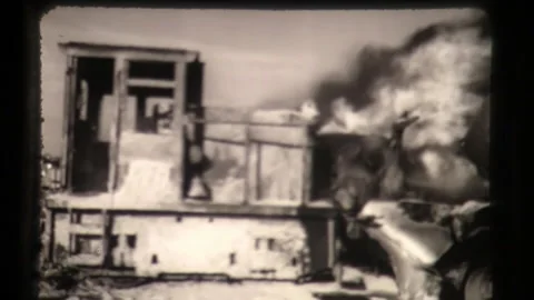 Burning Train Engine and Truck Wreck, Fire Burning Railroad Trains Stock Footage 130296650