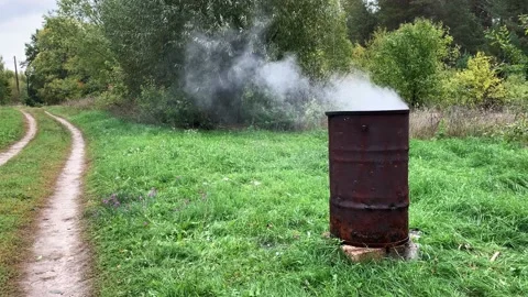Burning trash in old rusty barrel, green grass background, rural landscape Stock Footage 161824777