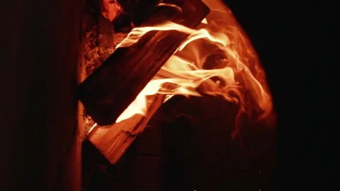 Burning tree in the oven. Slow motion. 120 fps. Vertical video Stock Footage 172440023