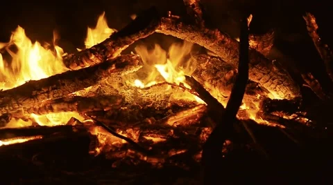 Burning trees in the camp bonfire in the dark. Close up shot. Vietnam. Stock Footage 56067511