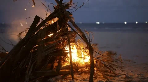 Burning trees in the camp bonfire in the sunset on blue sea background. Stock Footage 56067276